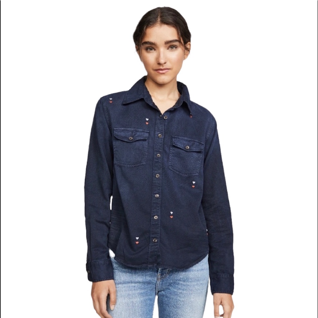 Sundry Hearts Embroidered Button Down Shirt In Sunfaded Navy M